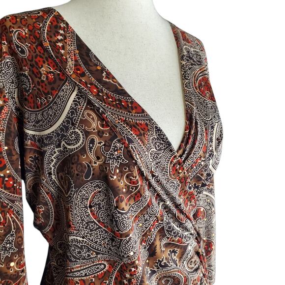 Y2k Fall Fairy Sequin Paisly 3/4 Sleeve Dressbarn Deep V Blouse- Small - Picture 3 of 7